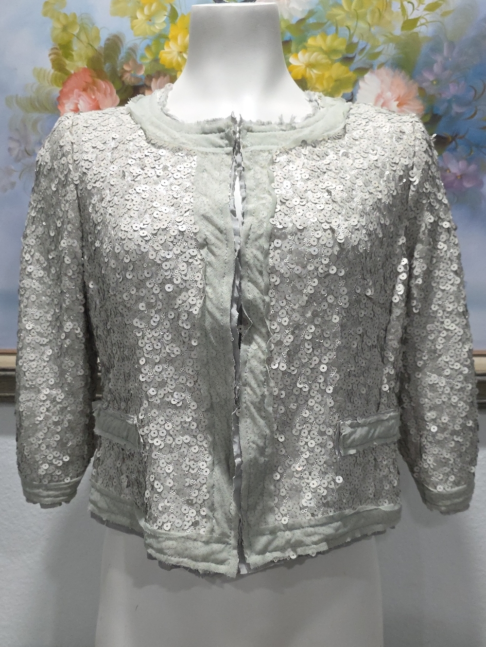 Milly New York Sequin Embellished Crop Jacket - Light Silver